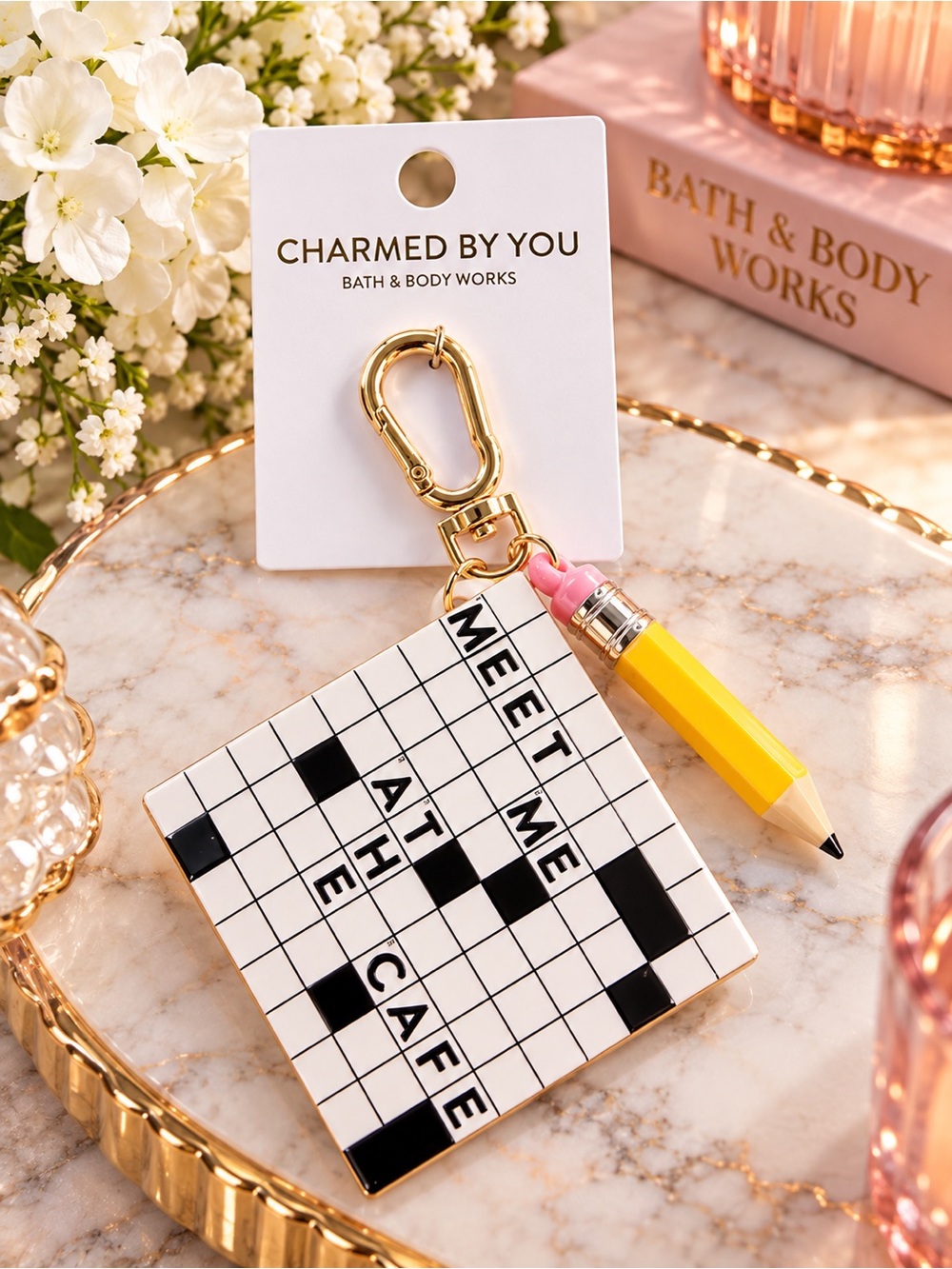 Bath & Body Works Yellow Pencil & Crossword Keychain/Charm Compact Mirror